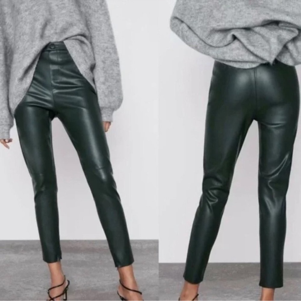 Zara green faux leather high-waisted legging pants size XS NWT